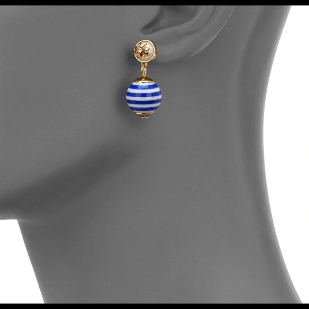 Tory Burch Gold-tone Blue and White Striped Drop Earrings